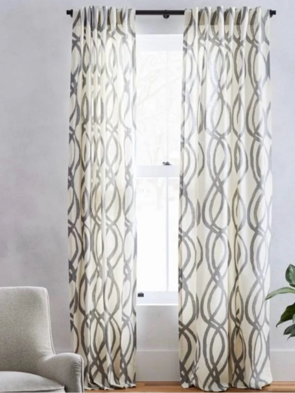 West Elm Cotton Canvas Scribble Lattice Gray and Cream Curtains 4 Panels 48x108